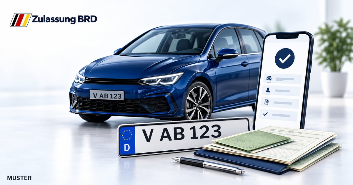 Online Fahrzeugzulassung in Vogtlandkreis: Musterkennzeichen V AB 123, Auto und Fahrzeugpapiere und Smartphone. Illustration mit Logo von Zulassung BRD.